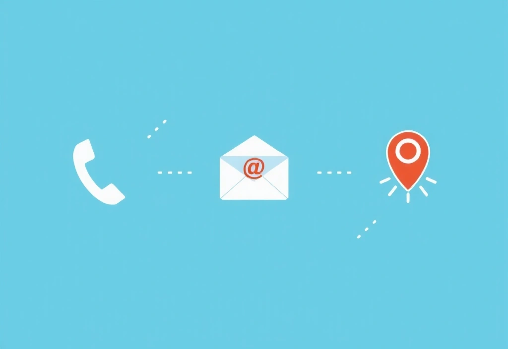 Imagine reprezentativă pentru contact, cu un telefon, plic și locație