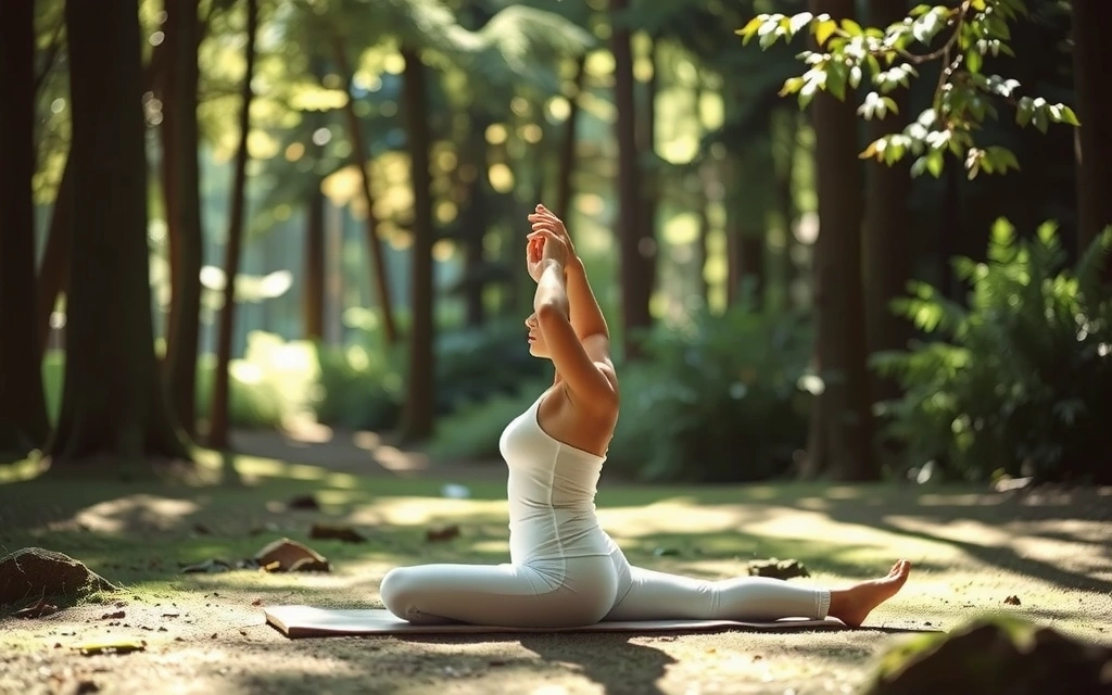 O persoană care meditează într-o pădure luminoasă, simbolizând echilibrul și bunăstarea.