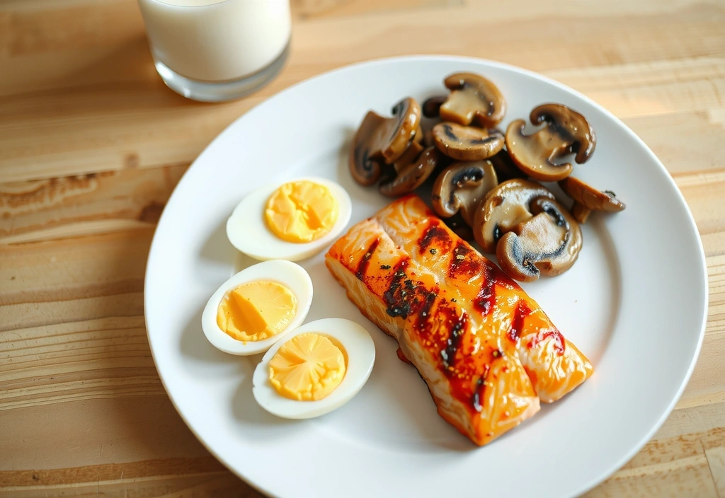 O farfurie colorată cu somon la grătar, ouă, ciuperci și un pahar de lapte, reprezentând surse alimentare de Vitamina D.