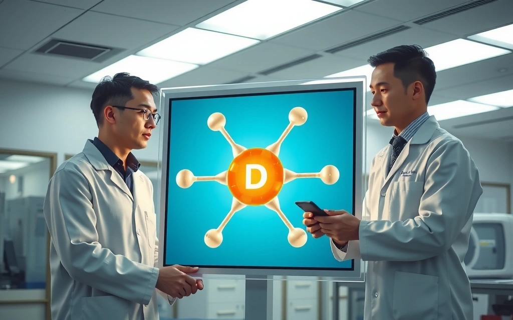 Oamenii de știință examinează un model 3D al structurii moleculare a Vitaminei D într-un laborator modern.