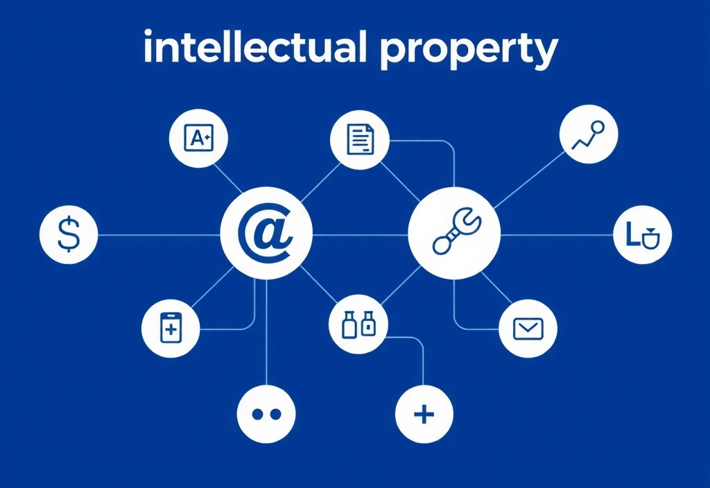 Diagramă cu simboluri de proprietate intelectuală și drepturi de autor