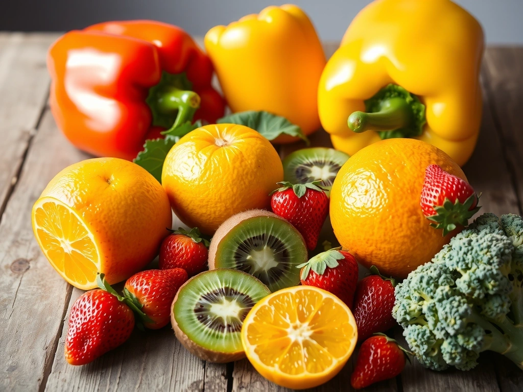 Diverse fructe și legume bogate în Vitamina C, cum ar fi portocale, kiwi, căpșuni și ardei grași, aranjate artistic pe o masă de lemn.