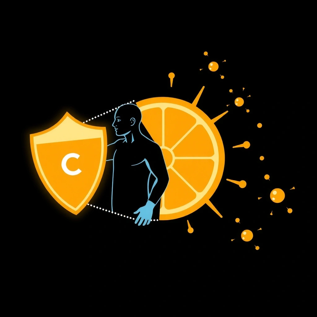 O celulă stilizată protejată de un scut energetic, reprezentând acțiunea antioxidantă împotriva radicalilor liberi.