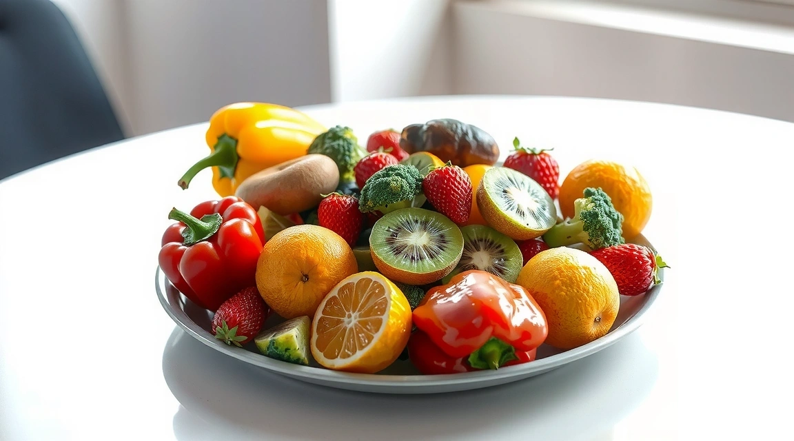 O farfurie plină cu o varietate colorată de fructe și legume proaspete, bogate în Vitamina C, sub o lumină naturală, invitând la o alimentație sănătoasă.