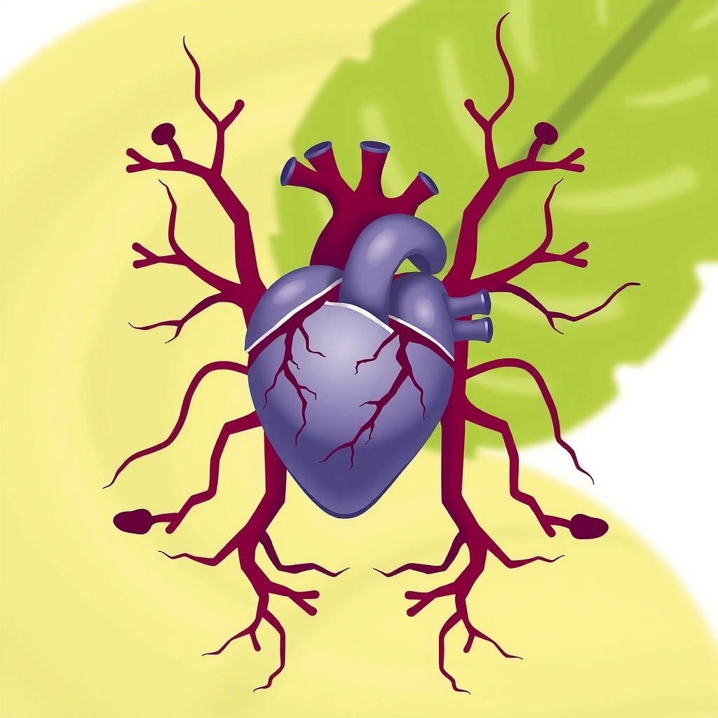 O inimă stilizată înconjurată de vase de sânge sănătoase, reprezentând sănătatea cardiovasculară.