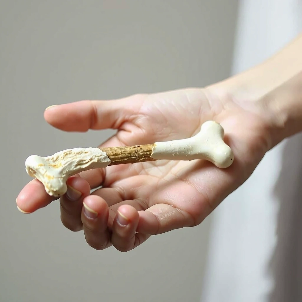 O mână care ține un os fragil, simbolizând durerile articulare și musculare.