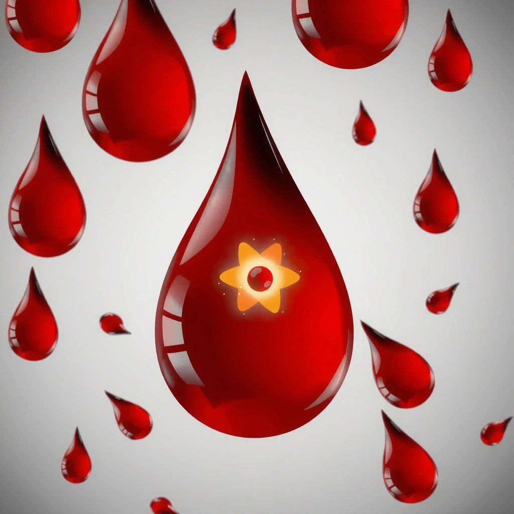O picătură de sânge cu un atom de fier în centru, simbolizând absorbția fierului.
