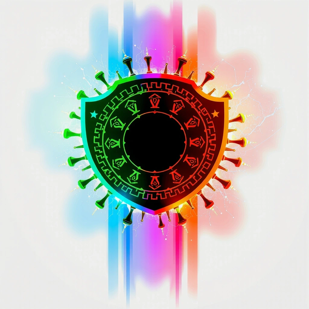 Un scut stilizat care reprezintă sistemul imunitar puternic, cu lumini strălucitoare și o aură protectoare.