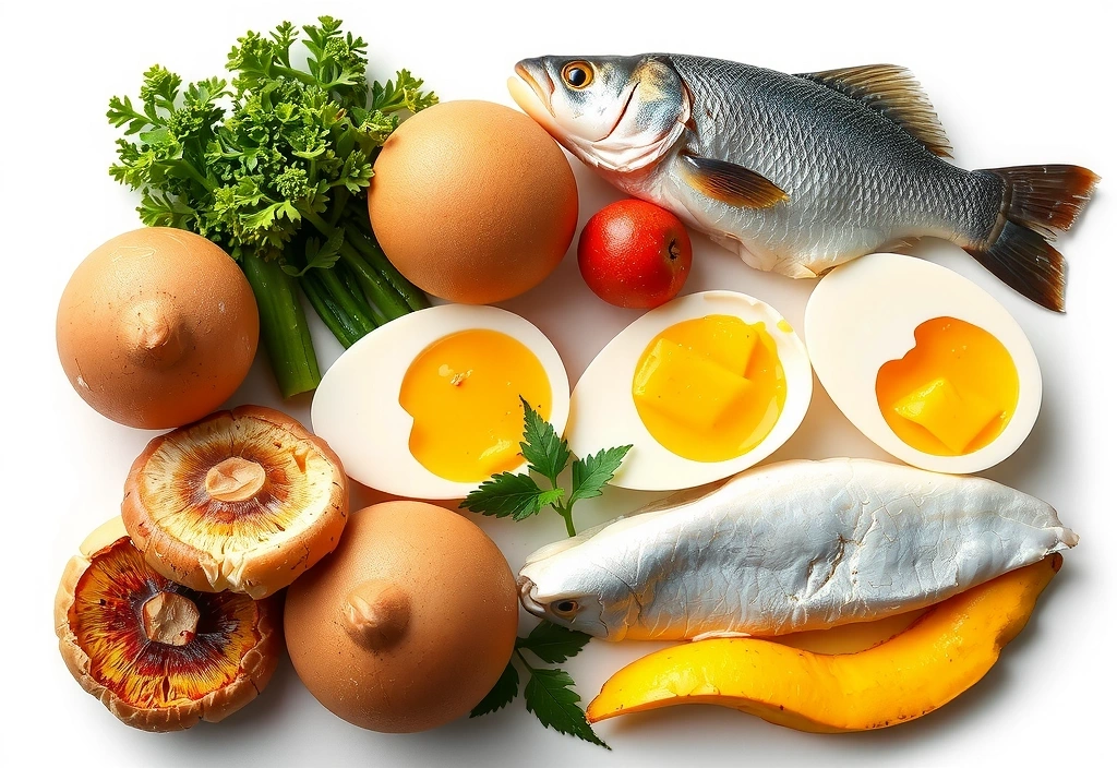 O varietate de alimente bogate în Vitamina D: pește, ouă, ciuperci