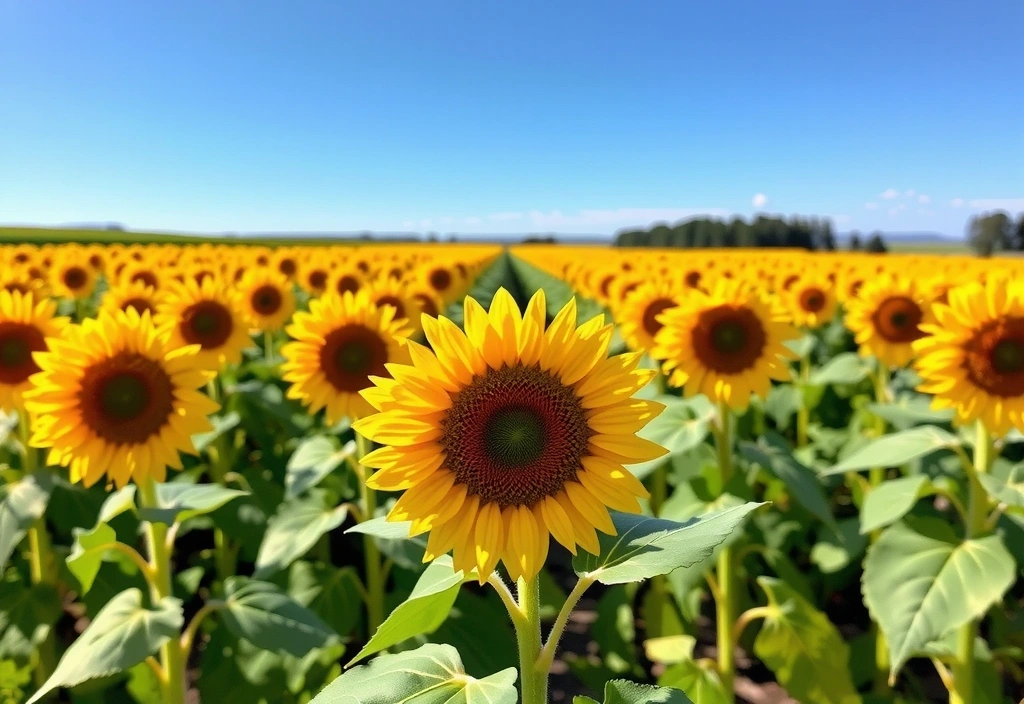 O imagine însorită a unui câmp de floarea-soarelui sub un cer albastru, simbolizând lumina soarelui și Vitamina D. Fără text.