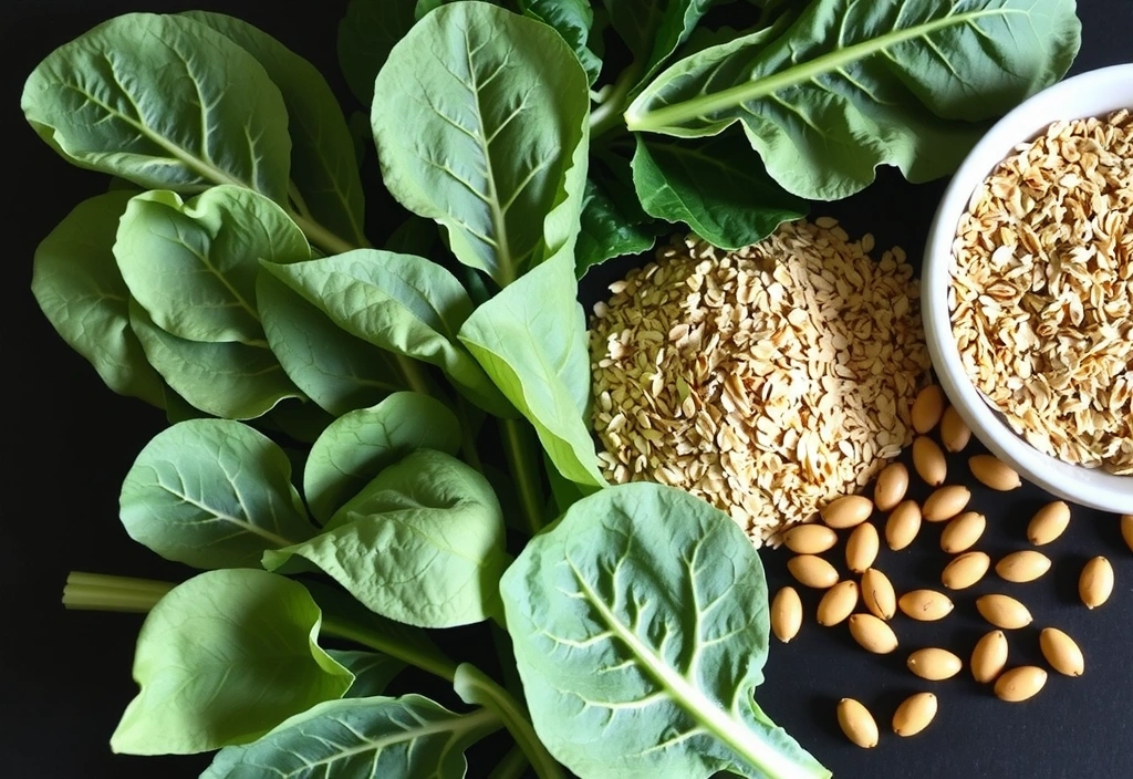 O imagine cu diverse legume verzi și cereale integrale, reprezentând complexul de Vitamine B. Fără text.